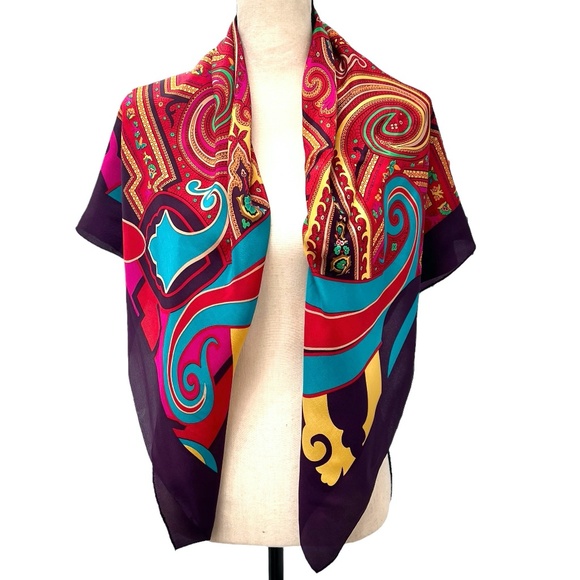 VINTAGE ANNE KLEIN FOR VERA COMPANIES JEWEL TONE PAISLEY SILK SQUARE SCARF - Picture 1 of 15